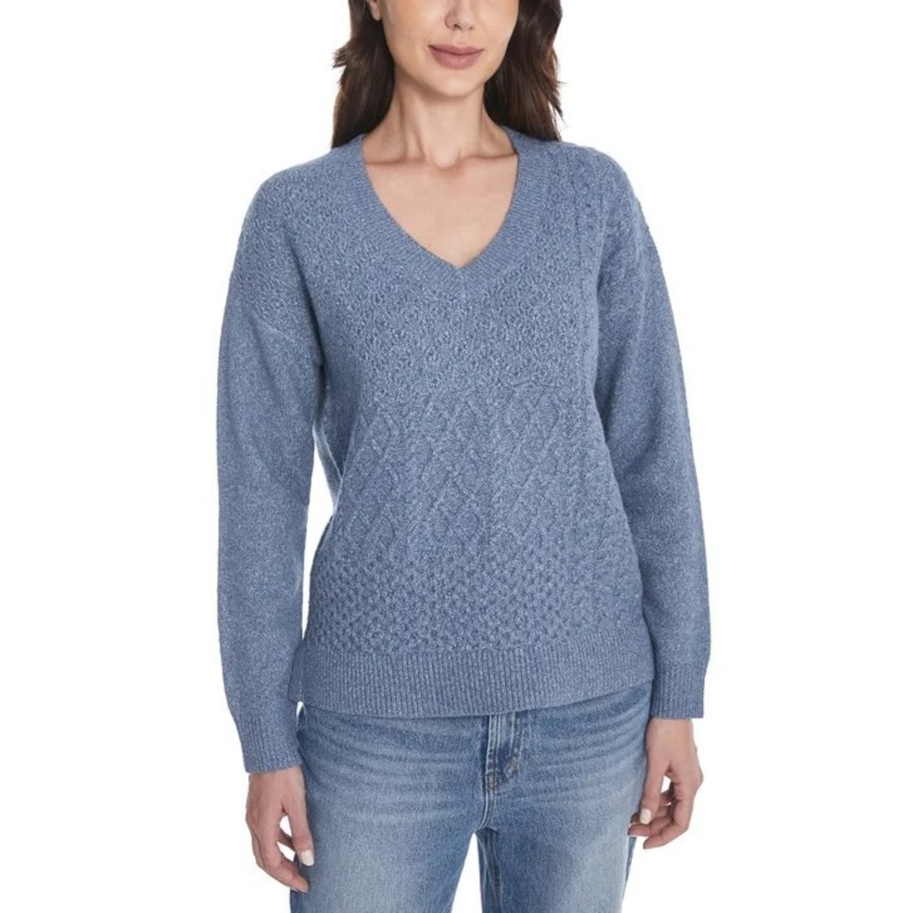 NWT Frye Womens V-Neck Cable Knit Sweater Blue Relaxed Fit Pullover Size S